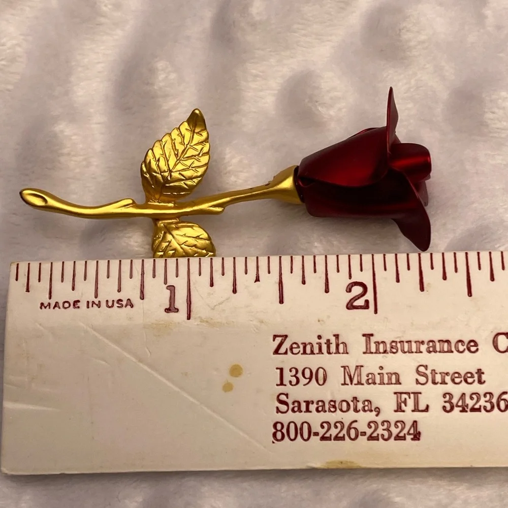 Vintage Red Rose Brooch with Gold Stem and Two Leaves
